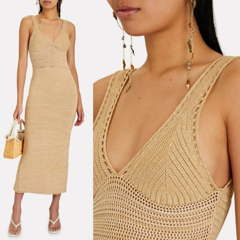 Ronny Kobo Darcey Snowy‎ Knit Dress in Brown Sand Tan Crochet Size XS Resortwear